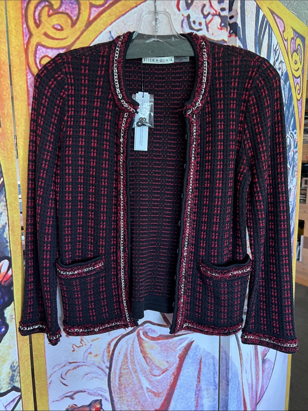 Alice + Olivia Black and Red Tweed Chain-Trim Jacket
